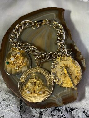 Gold-Tone Anniversary Charm Bracelet with Three Medallions1960's 7" Charm